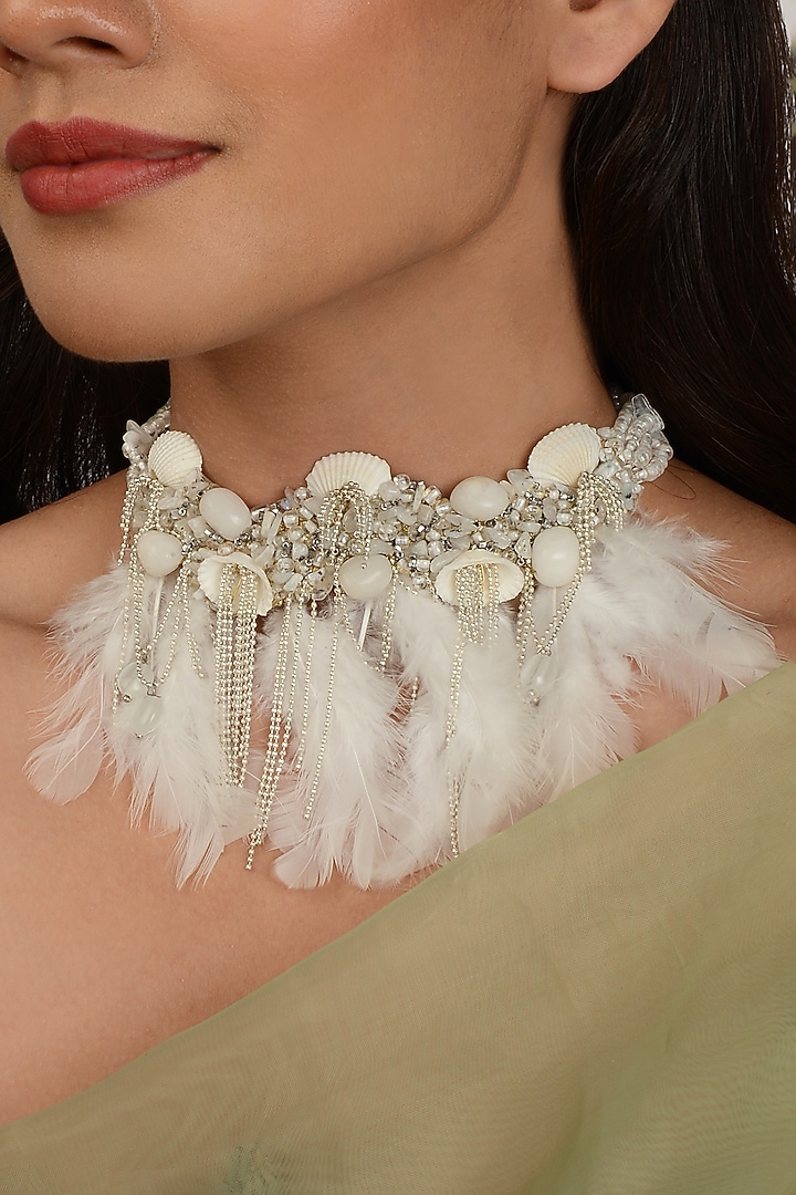 White Semi Precious Beaded Choker Necklace by House of D'oro at
