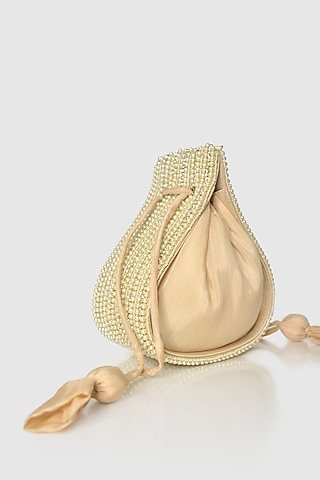 Beige Raw Silk Embellished Modak Potli by House of D'oro