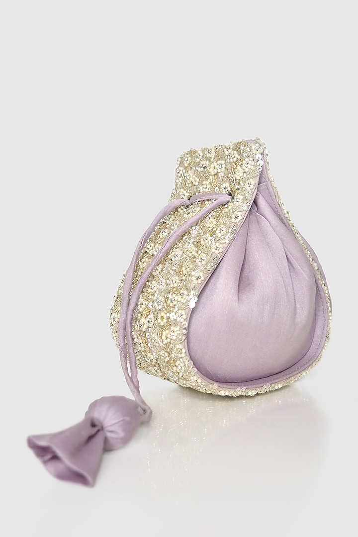 Lilac Raw Silk Sequins Embellished Modak Potli by House of D'oro