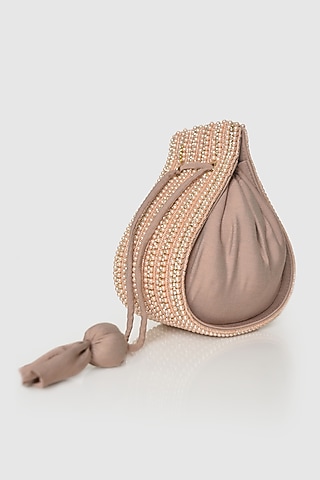 Peach Raw Silk Shimmering Embellished Modak Potli by House of D'oro