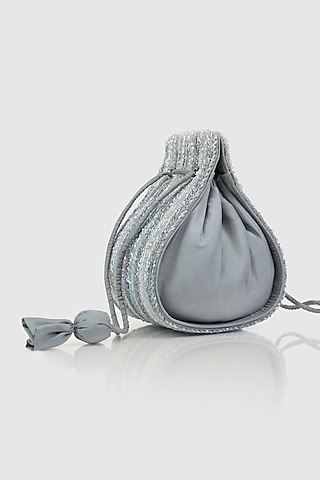 Grey Raw Silk Embellished Modak Potli by House of D'oro