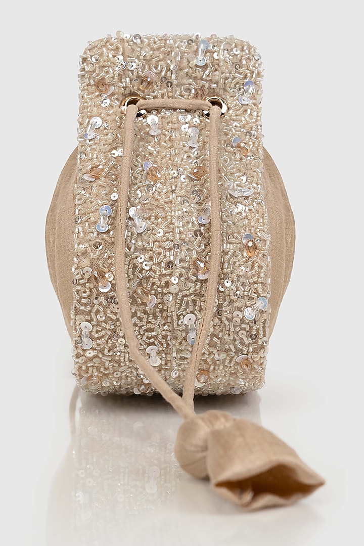 Beige Raw Silk Embellished Modak Potli by House of D'oro at Pernia's Pop Up Shop