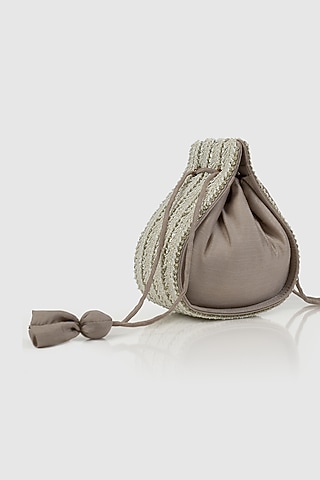 Ivory Raw Silk Embellished Modak Potli by House of D'oro