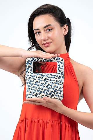 Blue Denim Pearl Embellished Baguette Bag by House of D'oro