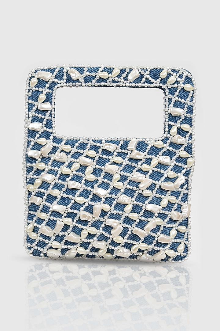 Blue Denim Pearl Embellished Baguette Bag by House of D'oro at Pernia's Pop Up Shop