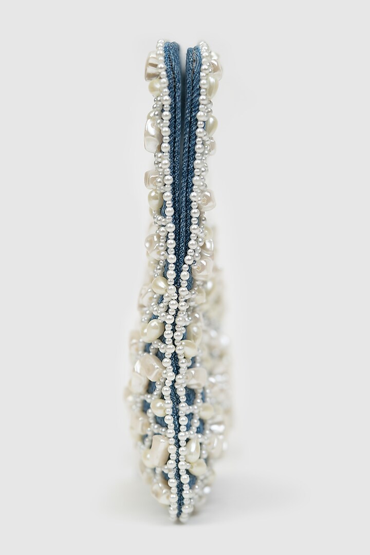 Blue Denim Pearl Embellished Baguette Bag by House of D'oro at Pernia's Pop Up Shop