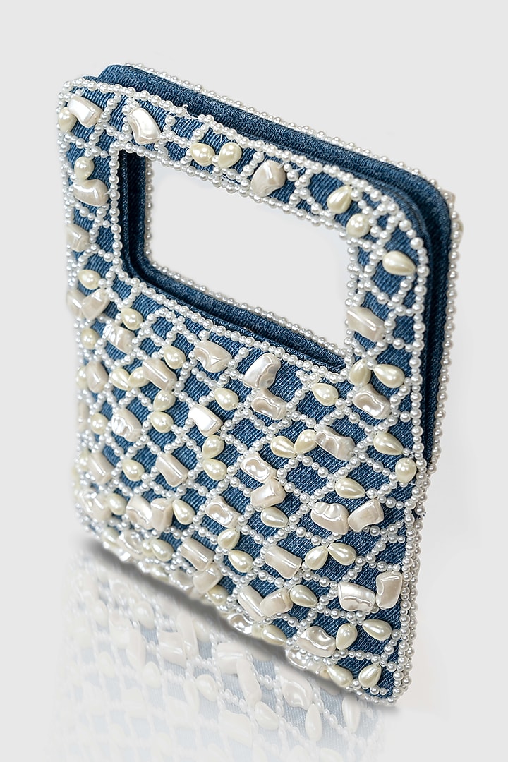 Blue Denim Pearl Embellished Baguette Bag by House of D'oro at Pernia's Pop Up Shop