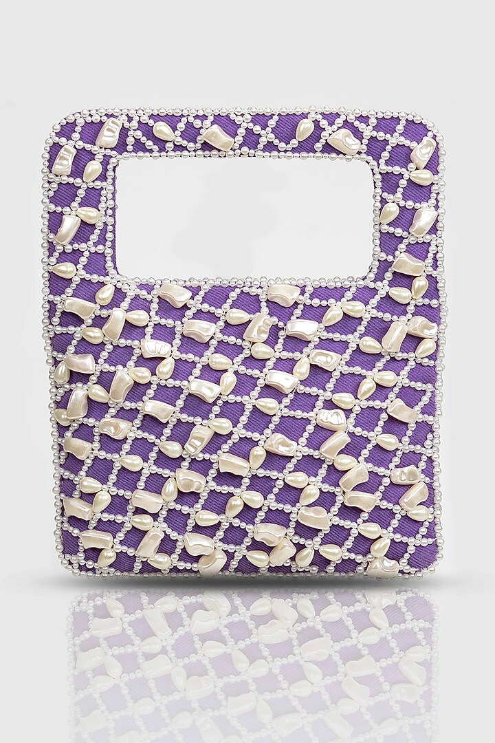 Purple Denim Pearl Embellished Baguette Bag by House of D'oro at Pernia's Pop Up Shop