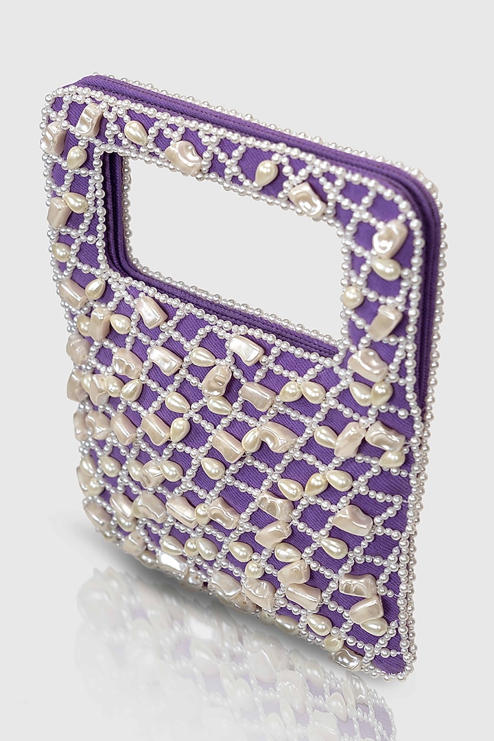 Purple Denim Pearl Embellished Baguette Bag by House of D'oro at Pernia's Pop Up Shop