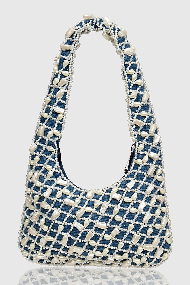 Blue Denim Pearl Embellished Hobo Bag by House of D'oro at Pernia's Pop Up Shop