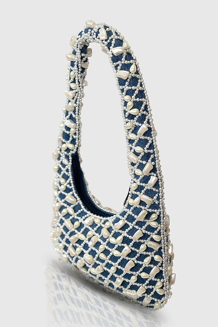 Blue Denim Pearl Embellished Hobo Bag by House of D'oro at Pernia's Pop Up Shop