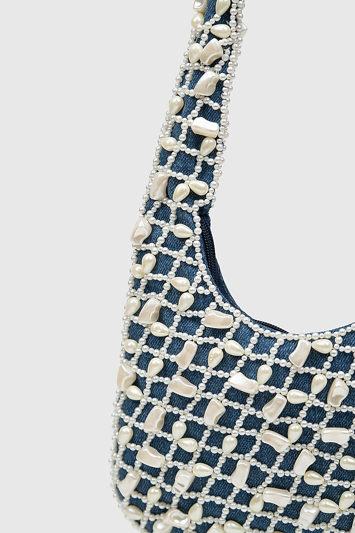 Blue Denim Pearl Embellished Hobo Bag by House of D'oro at Pernia's Pop Up Shop