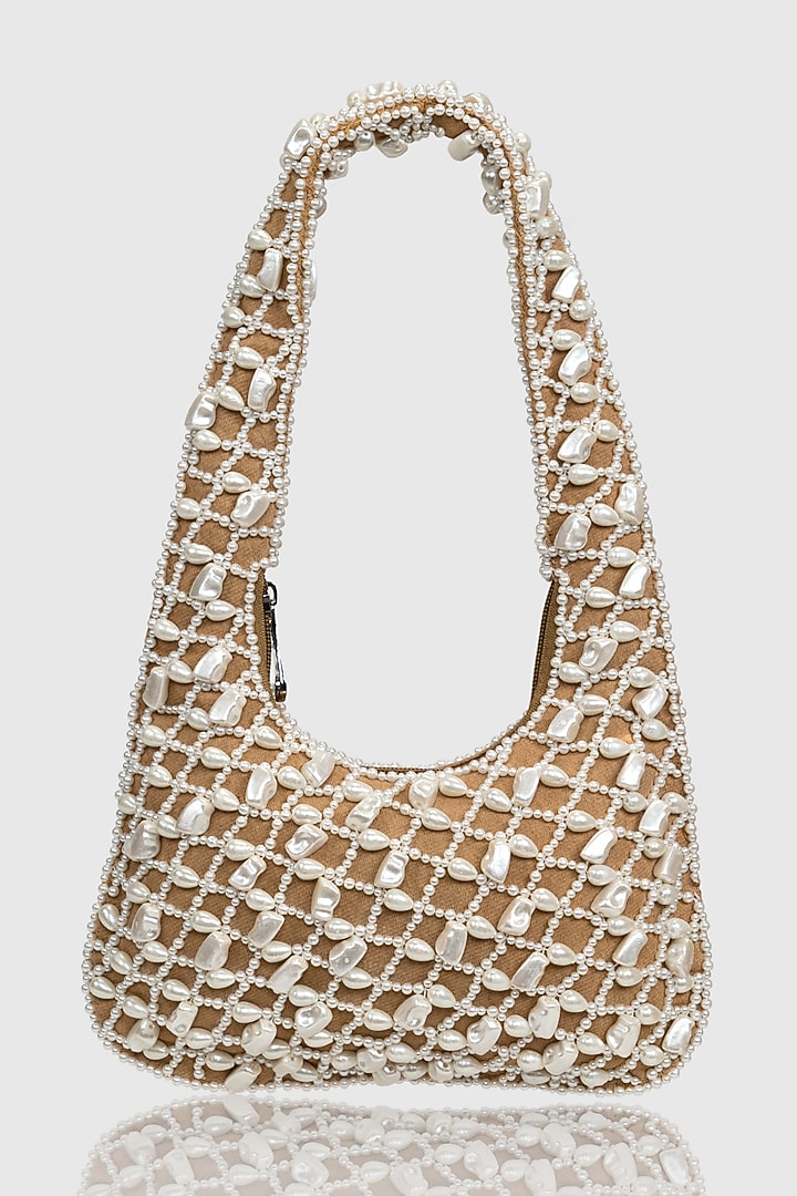 Tan Denim Pearl Embellished Hobo Bag by House of D'oro at Pernia's Pop Up Shop