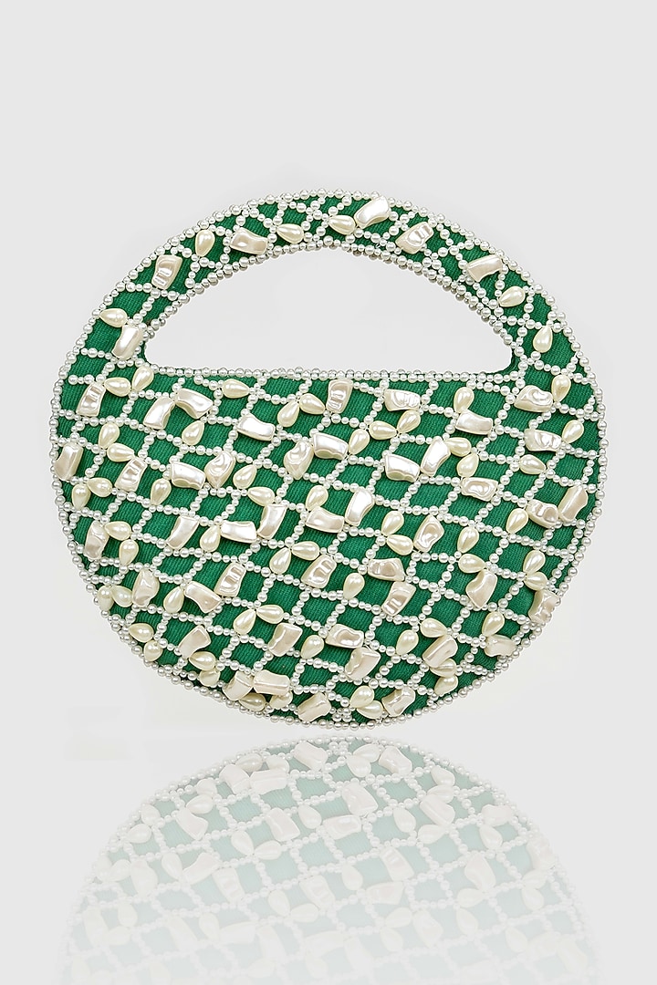 Green Denim Pearl Embellished Moon Bag by House of D'oro at Pernia's Pop Up Shop
