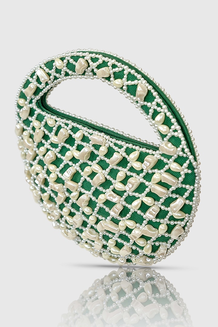 Green Denim Pearl Embellished Moon Bag by House of D'oro at Pernia's Pop Up Shop