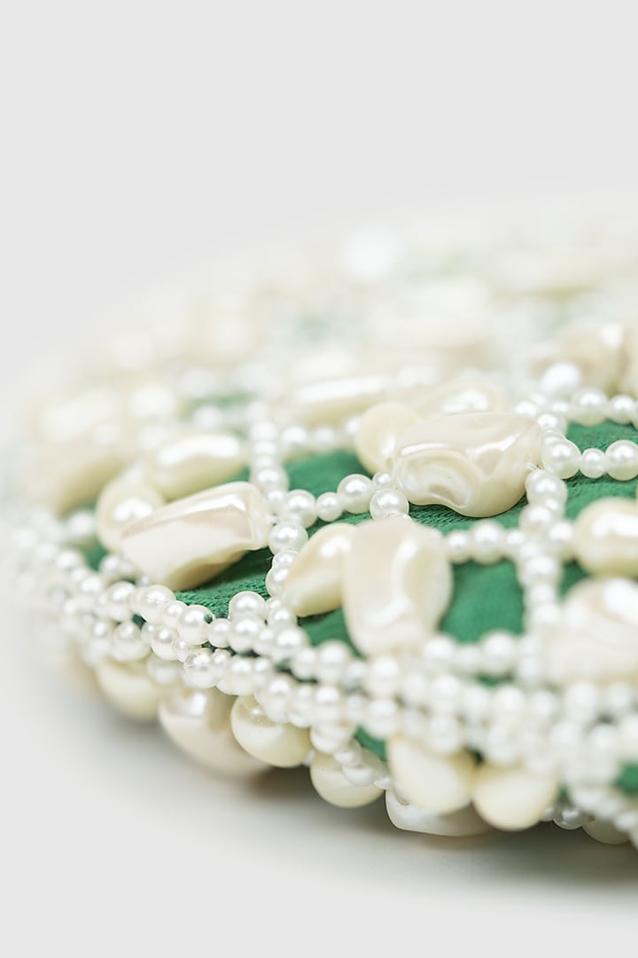 Green Denim Pearl Embellished Moon Bag by House of D'oro at Pernia's Pop Up Shop
