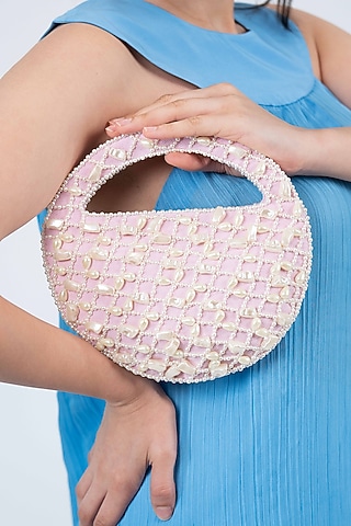 Pink Denim Pearl Embellished Hobo Bag by House of D'oro