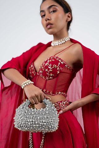 Grey Velvet Pearl Embellished Hobo Bag by House of D'oro