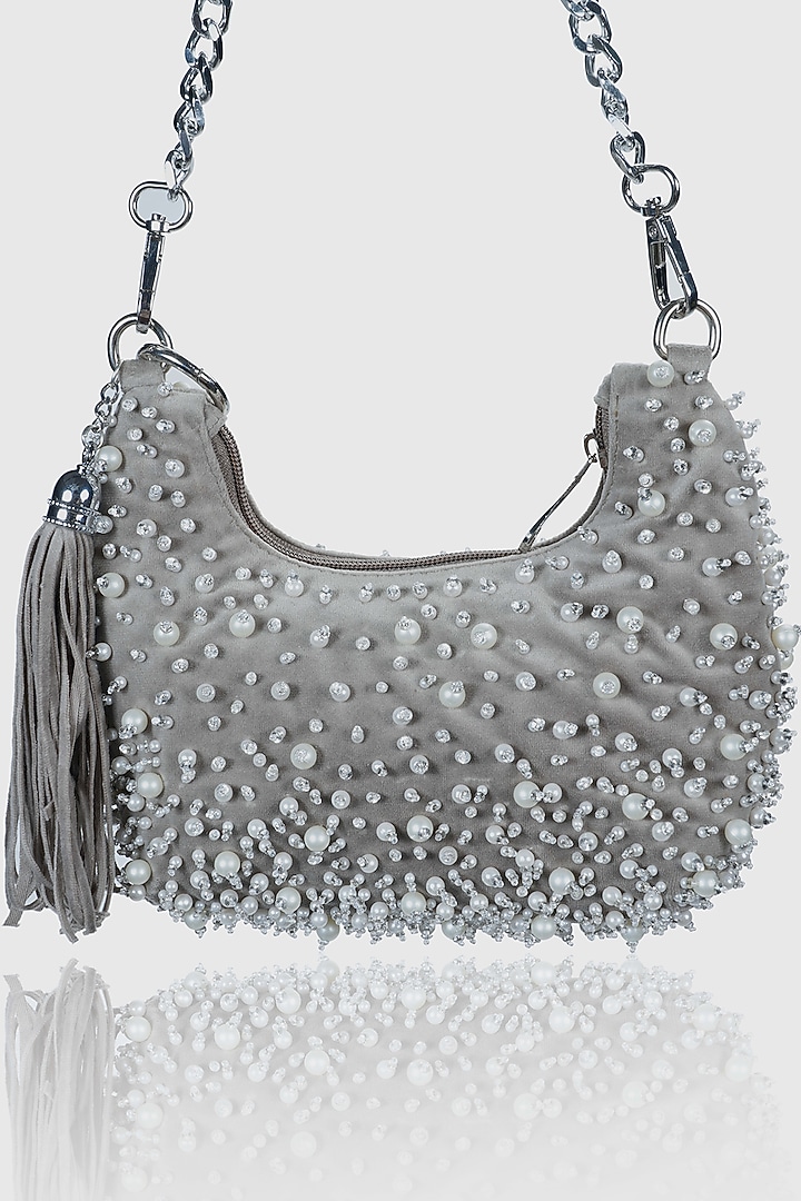 Grey Velvet Pearl Embellished Hobo Bag by House of D'oro at Pernia's Pop Up Shop