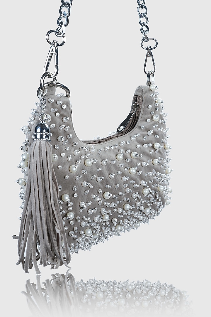 Grey Velvet Pearl Embellished Hobo Bag by House of D'oro at Pernia's Pop Up Shop