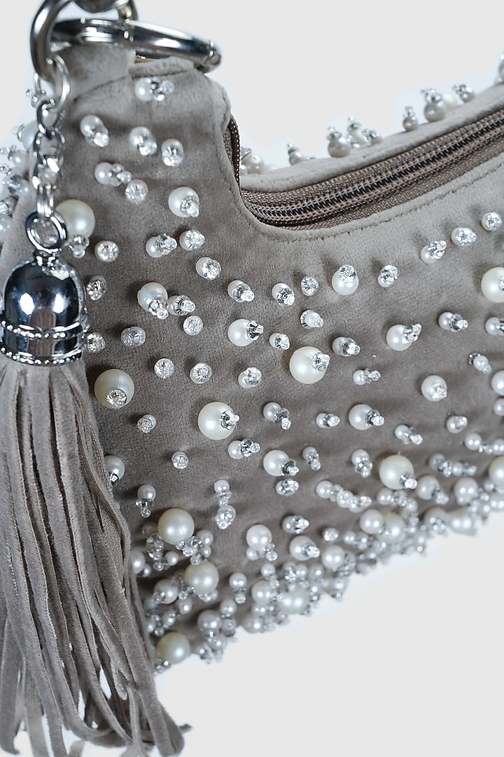 Grey Velvet Pearl Embellished Hobo Bag by House of D'oro at Pernia's Pop Up Shop
