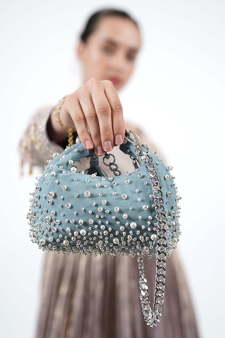 Blue Velvet Pearl Embellished Hobo Bag by House of D'oro