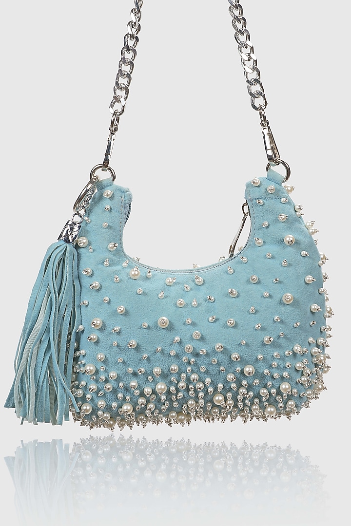 Blue Velvet Pearl Embellished Hobo Bag by House of D'oro at Pernia's Pop Up Shop