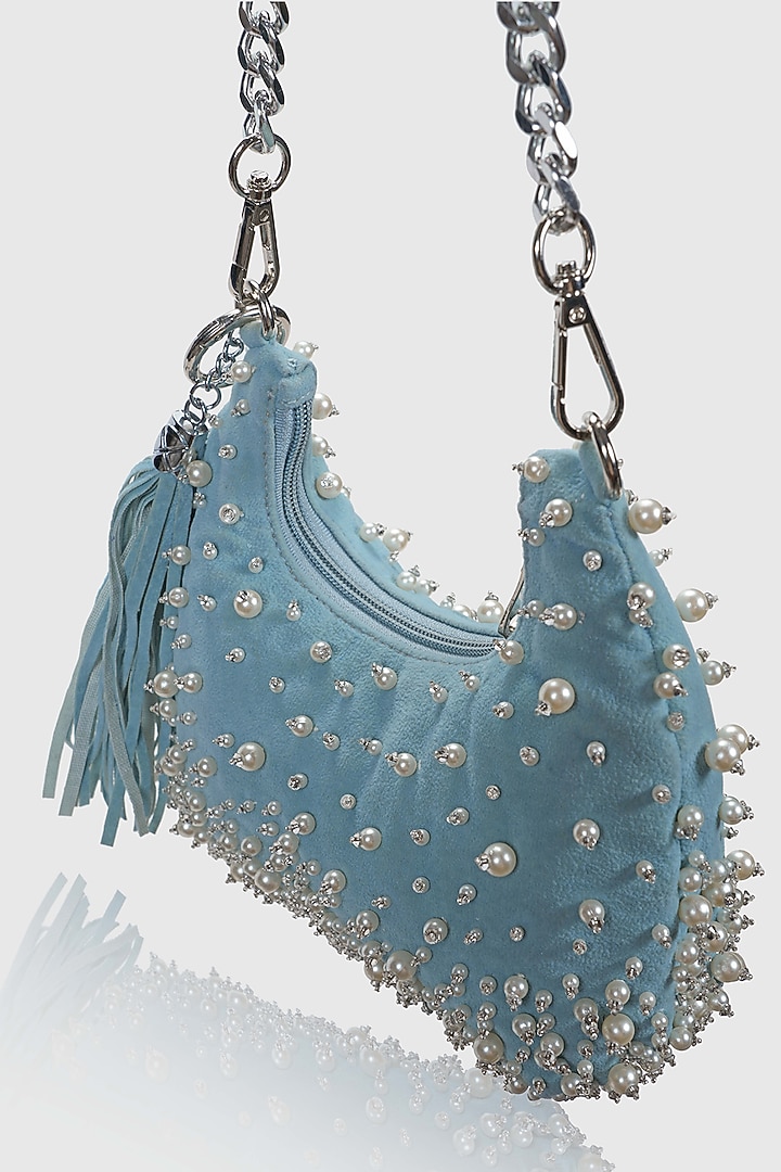 Blue Velvet Pearl Embellished Hobo Bag by House of D'oro at Pernia's Pop Up Shop