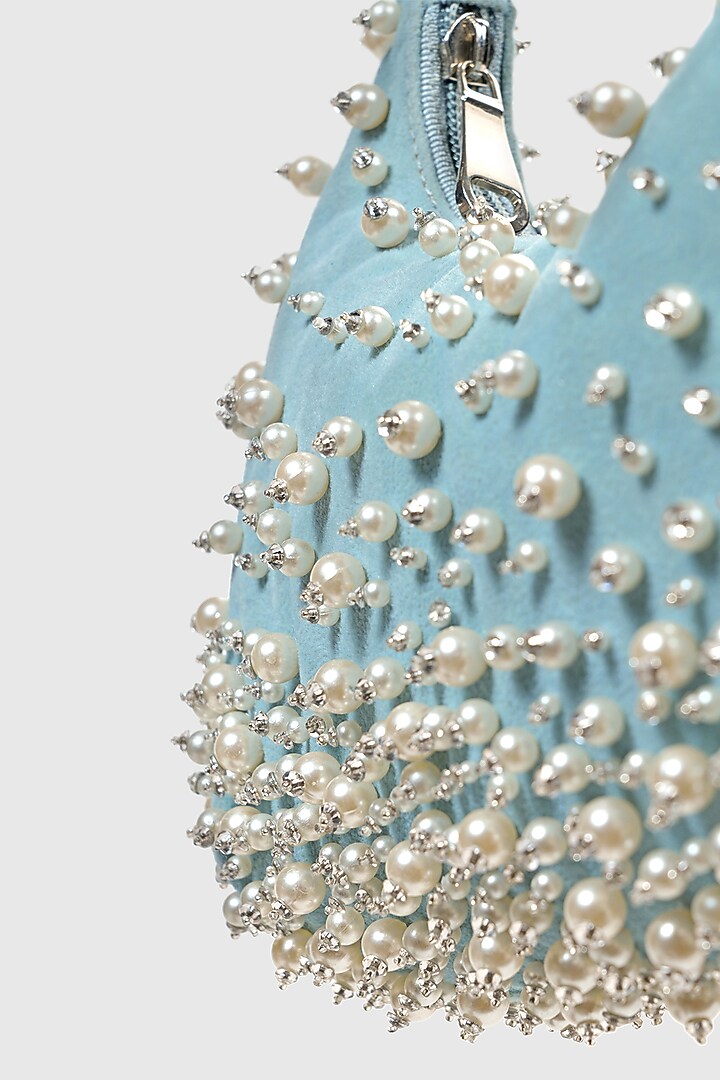 Blue Velvet Pearl Embellished Hobo Bag by House of D'oro at Pernia's Pop Up Shop
