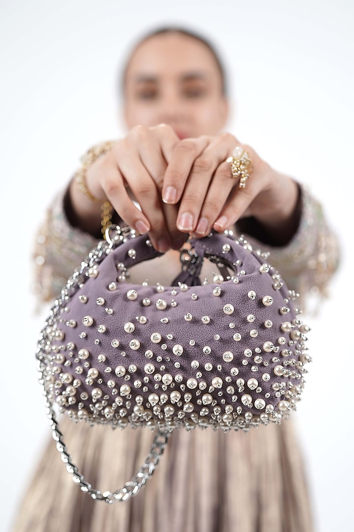 Lilac Velvet Pearl Embellished Hobo Bag by House of D'oro