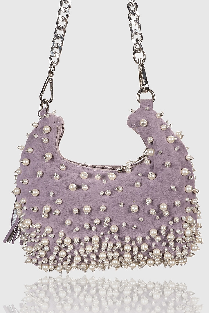 Lilac Velvet Pearl Embellished Hobo Bag by House of D'oro at Pernia's Pop Up Shop