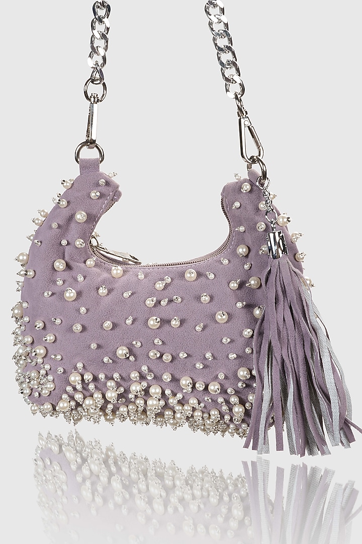 Lilac Velvet Pearl Embellished Hobo Bag by House of D'oro at Pernia's Pop Up Shop