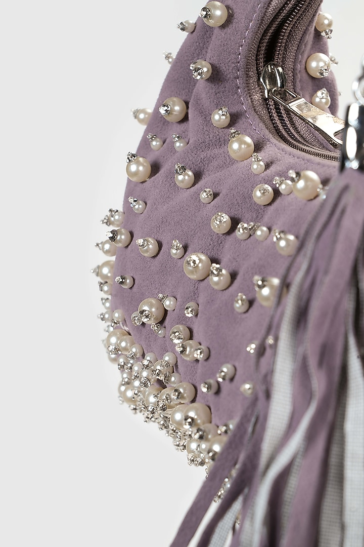 Lilac Velvet Pearl Embellished Hobo Bag by House of D'oro at Pernia's Pop Up Shop