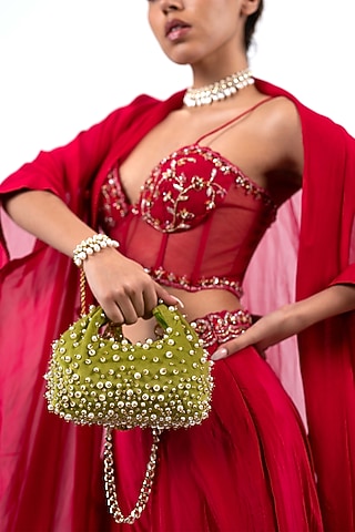 Green Velvet Pearl Embellished Hobo Bag by House of D'oro