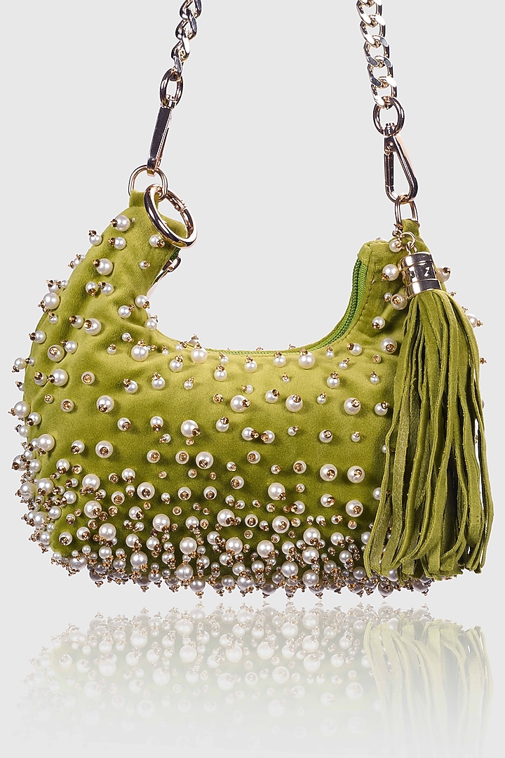 Green Velvet Pearl Embellished Hobo Bag by House of D'oro at Pernia's Pop Up Shop
