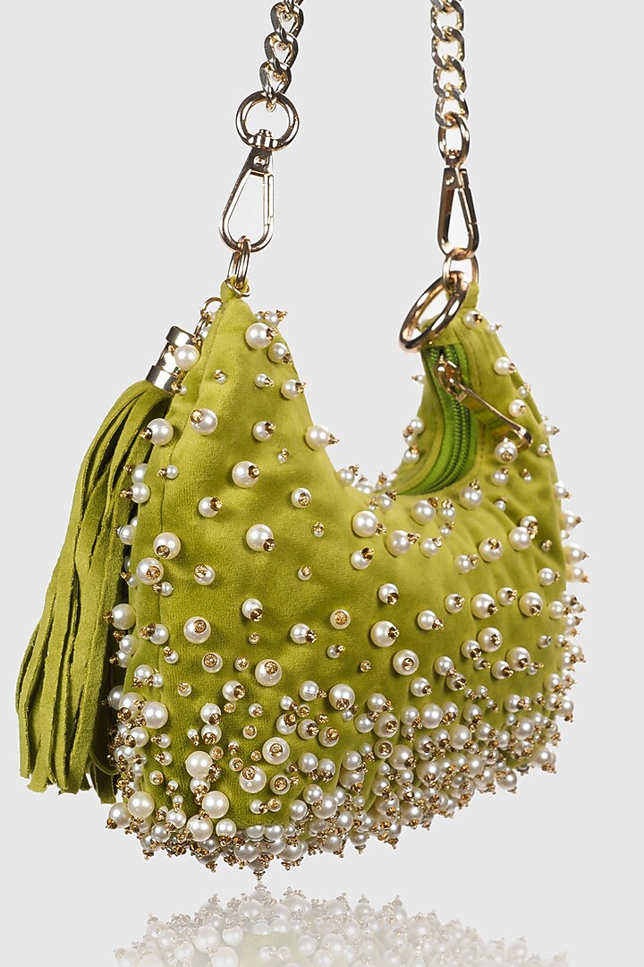 Green Velvet Pearl Embellished Hobo Bag by House of D'oro at Pernia's Pop Up Shop