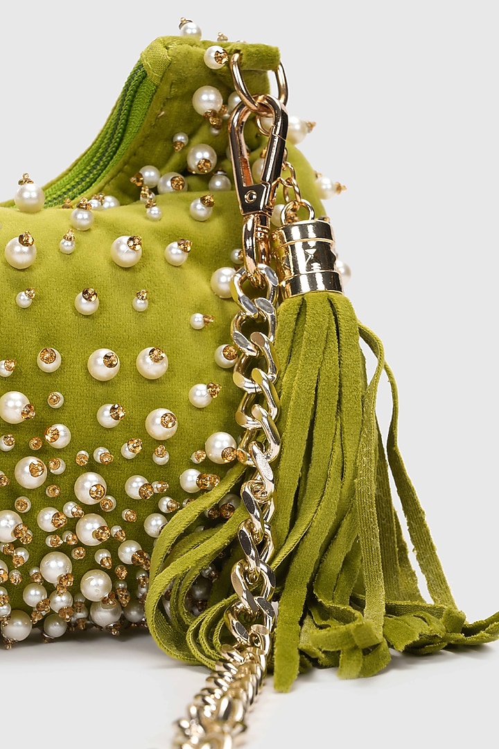 Green Velvet Pearl Embellished Hobo Bag by House of D'oro at Pernia's Pop Up Shop
