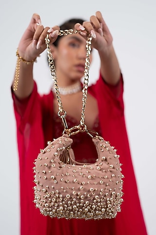 Peach Velvet Pearl Embellished Hobo Bag by House of D'oro
