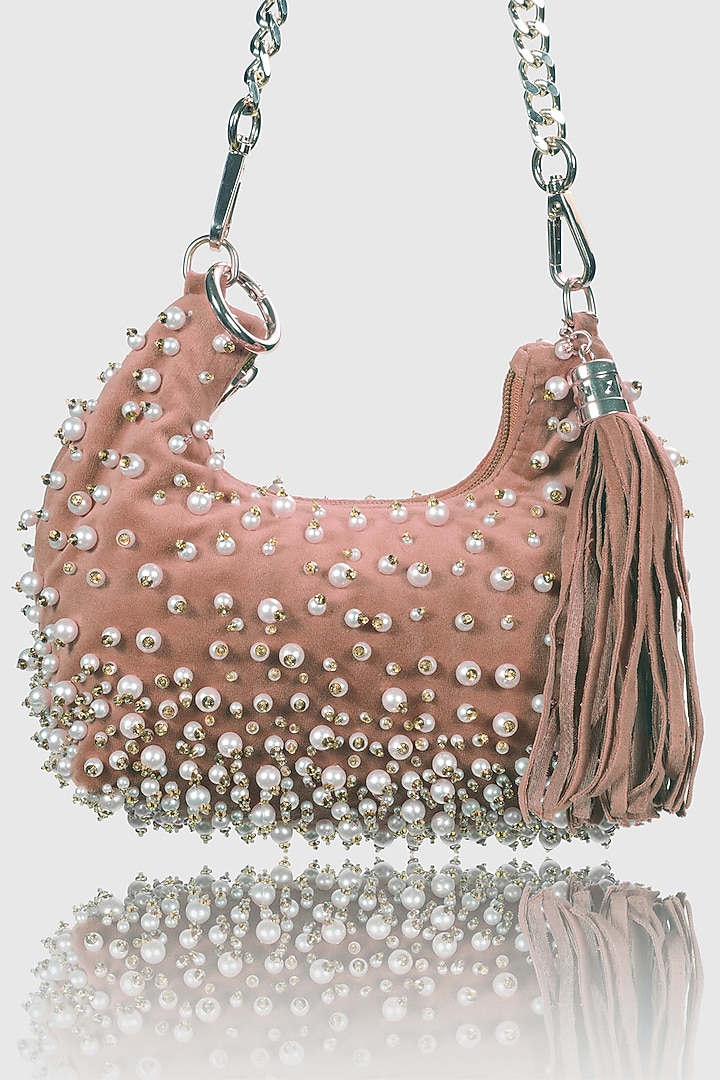 Peach Velvet Pearl Embellished Hobo Bag by House of D'oro at Pernia's Pop Up Shop