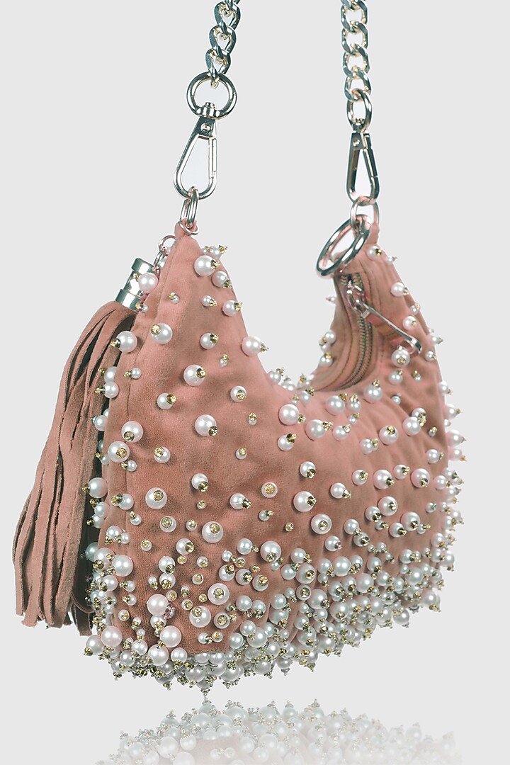 Peach Velvet Pearl Embellished Hobo Bag by House of D'oro at Pernia's Pop Up Shop