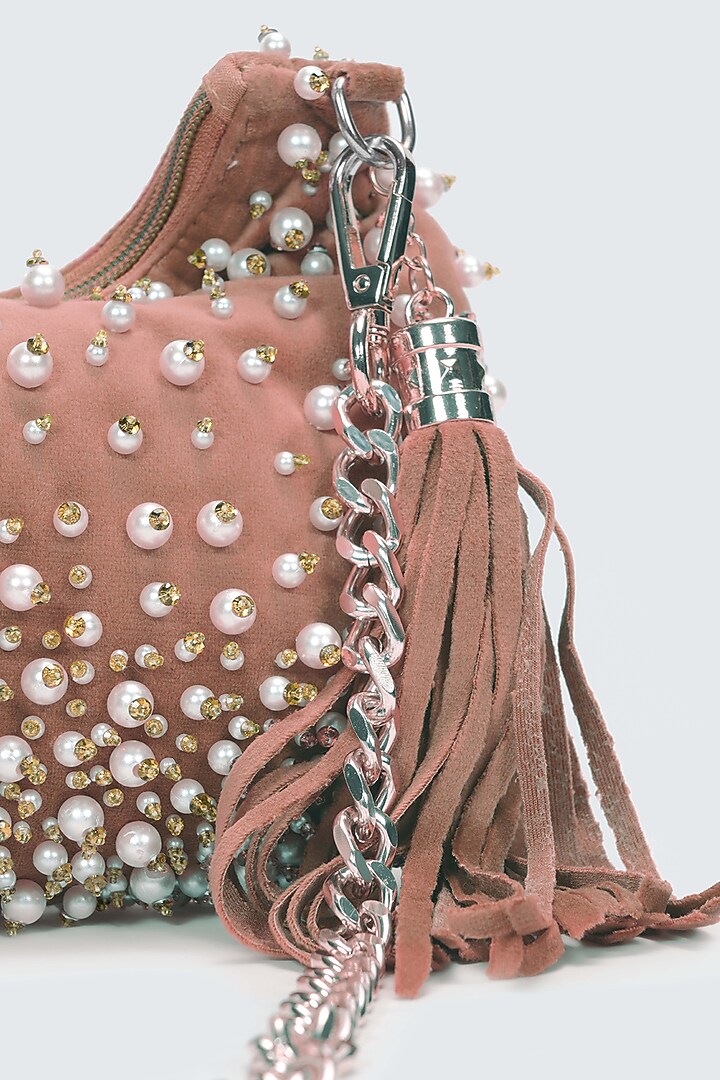 Peach Velvet Pearl Embellished Hobo Bag by House of D'oro at Pernia's Pop Up Shop