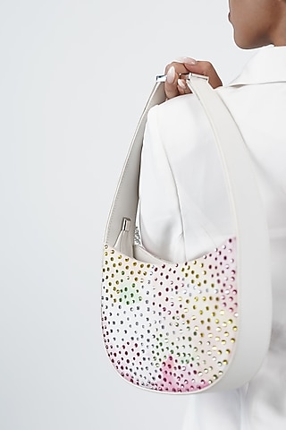 Multi-Colored Leather Glass Bead Embellished Hobo Bag by House of D'oro