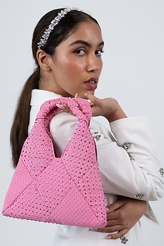 Pink Satin Glass Bead Embellished Barbie Wrist Bag by House of D'oro