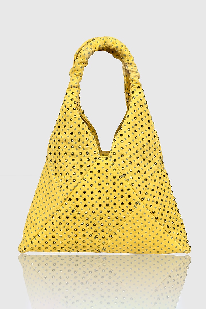 Yellow Satin Glass Bead Embellished Wrist Bag by House of D'oro