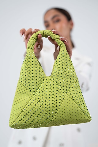 Chartreuse Green Satin Glass Bead Embellished Wrist Bag by House of D'oro
