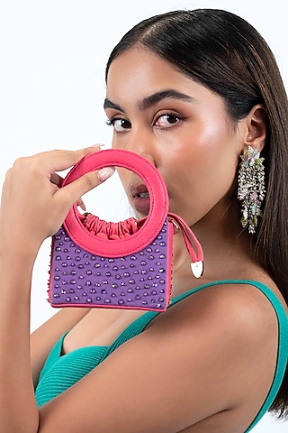 Purple Denim Glass Bead Embellished Mini Bag by House of D'oro