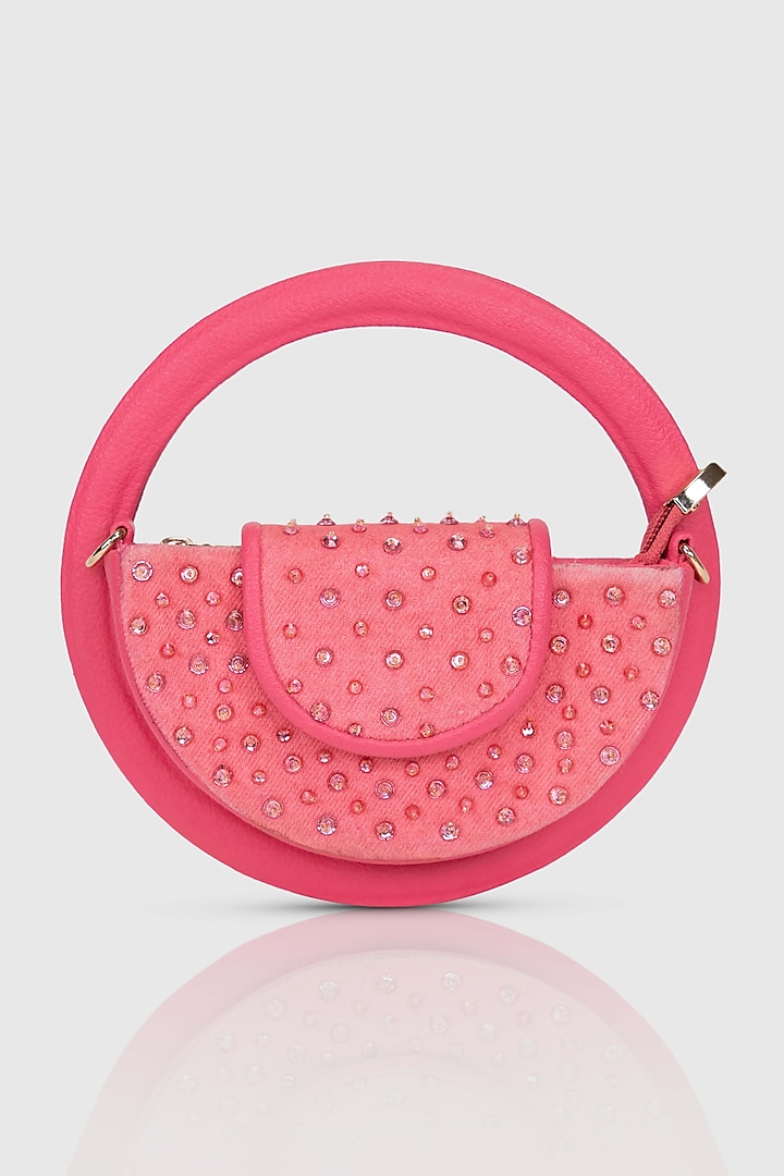 Pink Denim Glass Bead Embellished Sling Bag by House of D'oro