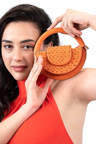 Orange Denim Glass Bead Embellished Sling Bag by House of D'oro