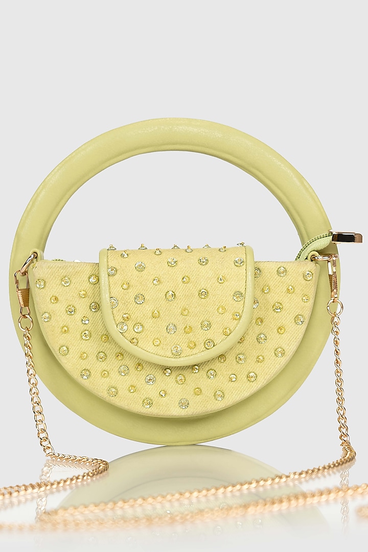 Lime Green Denim Glass Bead Embellished Sling Bag by House of D'oro
