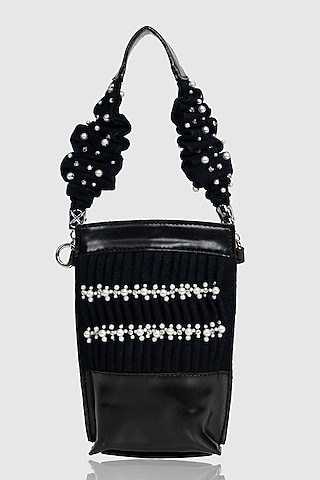 Black Denim Pearl Embellished Mobile Bag by House of D'oro